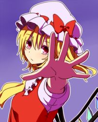 Rule 34 | 1girl, ascot, blonde hair, bow, closed mouth, flandre scarlet, foreshortening, from side, hair between eyes, hat, hat bow, looking at viewer, miyo (ranthath), mob cap, purple background, purple eyes, red bow, short sleeves, side ponytail, solo, touhou, upper body, white hat