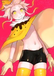 Rule 34 | 1boy, banana peel, bike shorts, cape, embarrassed, gloves, gradient hair, highres, male focus, multicolored hair, navel, nipples, original, parted lips, shinagire, short hair, short hair with long locks, solo, thighhighs, wardrobe malfunction, white hair, wind, wind lift, yellow eyes, yellow thighhighs