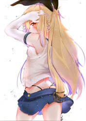 Rule 34 | 10s, 1girl, absurdres, alternate eye color, anchor hair ornament, ass, bare shoulders, black panties, blonde hair, detached sleeves, elbow gloves, from behind, gloves, hair flip, hair ornament, highleg, highleg panties, highres, kantai collection, long hair, looking at viewer, miniskirt, panties, pleated skirt, ponytail, red eyes, scrunchie, second coming, shimakaze (kancolle), shirt, skirt, skirt set, sleeveless, sleeveless shirt, solo, standing, underwear, whale tail (clothing)
