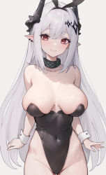 Rule 34 | 1girl, absurdres, animal ears, arknights, bare shoulders, black leotard, breasts, breasts apart, closed mouth, collarbone, covered navel, ear piercing, fake animal ears, groin, hair ornament, highleg, highleg leotard, highres, horns, infection monitor (arknights), juejue, large breasts, leotard, long hair, mudrock (arknights), piercing, playboy bunny, pointy ears, rabbit ears, red eyes, skindentation, smile, solo, very long hair, white hair, wrist cuffs