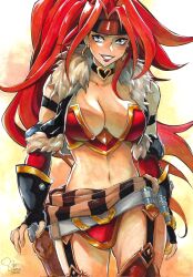 Rule 34 | 1girl, armband, bare shoulders, battle chasers, black choker, black gloves, black headband, breasts, choker, cleavage, cowboy shot, crop top, earrings, fingerless gloves, fur trim, garter straps, gloves, grey eyes, headband, heart, heart choker, highres, hoop earrings, jewelry, large breasts, long hair, looking at viewer, midriff, navel, parted bangs, parted lips, red hair, red monika, red shirt, red skirt, sao (saowee), shirt, signature, skirt, smile, solo, teeth, traditional media, waist sash, wide ponytail