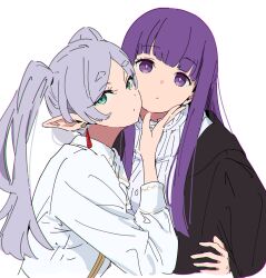 2girls absurdres atenaba blunt_bangs chromatic_aberration earrings elf expressionless fern_(sousou_no_frieren) frieren green_eyes highres jewelry long_hair looking_at_viewer multiple_girls parted_bangs pointy_ears purple_eyes purple_hair sidelocks simple_background sousou_no_frieren twintails upper_body white_background white_hair