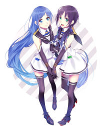 Rule 34 | 10s, 2girls, bad id, bad pixiv id, blue eyes, blue gloves, blue hair, blue thighhighs, elbow gloves, gloves, green eyes, interlocked fingers, kantai collection, long hair, looking at viewer, low twintails, matching outfits, multiple girls, personification, ponytail, samidare (kancolle), school uniform, serafuku, shiba 0, skirt, smile, suzukaze (kancolle), thighhighs, twintails, very long hair, white background, zettai ryouiki