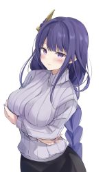 Rule 34 | 1girl, :|, black skirt, blush, braid, breast hold, breasts, closed mouth, commentary request, crossed arms, eyelashes, genshin impact, grey sweater, hair ornament, highres, hyurasan, large breasts, lips, long hair, long sleeves, low-braided long hair, low-tied long hair, mole, mole under eye, purple eyes, purple hair, raiden shogun, ribbed sweater, sidelocks, simple background, skirt, solo, standing, sweater, turtleneck, upper body, white background