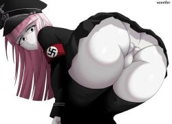 Rule 34 | 1girl, ass, black eyes, blossom hope, cameltoe, dress, from behind, hat, highres, huge ass, kawakami sakura, leaning, leaning forward, long hair, looking at viewer, looking back, military, military uniform, panties, pink hair, skirt, solo, thick thighs, thighhighs, thighs, underwear, uniform, upskirt, woomler