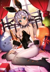 Rule 34 | 1girl, absurdres, animal ears, bare arms, bare shoulders, bed, black footwear, black leotard, blue eyes, bottle, bow, bowtie, breasts, cleavage, covered navel, detached collar, fake animal ears, gradient legwear, hachihito, hairband, high heels, highres, large breasts, leotard, long hair, looking at viewer, on bed, original, pantyhose, parted lips, playboy bunny, rabbit ears, scan, silver hair, sitting, solo, strapless, strapless leotard, wariza, white pantyhose, wrist cuffs