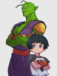 Rule 34 | 1boy, 1girl, antennae, bald, black eyes, black hair, colored skin, crossed arms, dougi, dragon ball, dragon ball super, dragon ball super super hero, fingerless gloves, gloves, green skin, grey background, height difference, kemachiku, namek, pan (dragon ball), piccolo, pointy ears, red gloves, shirt, short sleeves, simple background, smile, t-shirt