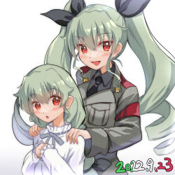 Rule 34 | 2girls, :o, aged down, anchovy (girls und panzer), anzio military uniform, belt, black necktie, black ribbon, black shirt, blaze (blazeillust), braid, braided ponytail, commentary, dated, dress, dress shirt, drill hair, girls und panzer, green hair, grey jacket, hair ribbon, hands on another&#039;s shoulders, highres, jacket, long hair, long sleeves, looking at viewer, military, military uniform, multiple girls, necktie, open mouth, red eyes, ribbon, sam browne belt, shirt, single braid, smile, standing, time paradox, twin drills, twintails, uniform, white background, white dress, wing collar