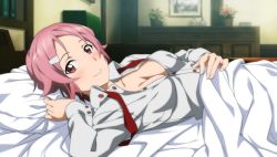 Rule 34 | 10s, 1girl, bed, breasts, cleavage, game cg, indoors, lisbeth (sao), looking at viewer, lying, medium breasts, on back, open clothes, open shirt, pillow, pink hair, red eyes, shirt, smile, solo, sword art online, sword art online: hollow fragment