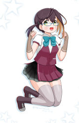 Rule 34 | 1girl, black hair, blouse, blue-framed eyewear, commentary request, dated, fingerless gloves, full body, glasses, gloves, green eyes, grey thighhighs, jumping, kantai collection, masara (chuujou), multicolored hair, okinami (kancolle), okinami kai ni (kancolle), one-hour drawing challenge, pink hair, pleated skirt, school uniform, shirt, short hair, short sleeves, simple background, skirt, smile, solo, star (symbol), starry background, thighhighs, twitter username, vest, white background, white shirt