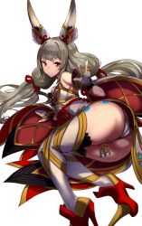 Rule 34 | 1girl, animal ears, ass, bad id, bad twitter id, boots, breasts, high heel boots, high heels, leotard, long hair, looking at viewer, lying, medium breasts, nia (blade) (xenoblade), nia (xenoblade), nintendo, niyah, nuezou, on side, red eyes, silver hair, simple background, smile, solo, spoilers, thighhighs, thighs, twintails, white background, white thighhighs, xenoblade chronicles (series), xenoblade chronicles 2