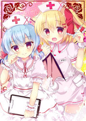 Rule 34 | 2girls, alternate costume, alternate hairstyle, bat wings, belt, blonde hair, blue eyes, blush, bow, clipboard, closed mouth, collared shirt, commentary request, cross, fang, flandre scarlet, flat chest, flower, frilled bow, frilled cuffs, frilled shirt collar, frilled skirt, frills, hair bow, hand on own cheek, hand on own face, hat, heart, holding, holding syringe, miniskirt, multicolored background, multiple girls, name tag, neck ribbon, nurse, nurse cap, one side up, open mouth, pocket, puffy short sleeves, puffy sleeves, red bow, red cross, red eyes, red ribbon, remilia scarlet, ribbon, ribbon trim, rika-tan (rikatantan), rose, shirt, short hair, short sleeves, siblings, sisters, skirt, skirt set, smile, star (symbol), syringe, thighhighs, touhou, twintails, white belt, white legwear, white shirt, white skirt, wing collar, wings, wrist cuffs, zettai ryouiki