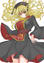 Rule 34 | 1girl, absurdres, belt, black dress, black hat, blonde hair, bow, bowtie, breasts, brown belt, closed mouth, crescent, dress, hair between eyes, hat, highres, junko (touhou), kuraki, long hair, long sleeves, looking away, medium breasts, phoenix crown, pom pom (clothes), red eyes, red vest, simple background, smile, solo, standing, tabard, touhou, vest, white background, wide sleeves, yellow bow, yellow bowtie