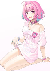 Rule 34 | 1girl, :d, absurdres, ahoge, bare shoulders, barefoot, bracelet, breasts, cleavage, collar, earrings, fang, highres, idolmaster, idolmaster cinderella girls, jewelry, looking at viewer, makise minami, medium hair, off shoulder, open mouth, panties, pink eyes, pink hair, ring, seiza, simple background, sitting, smile, solo, underwear, white background, yumemi riamu