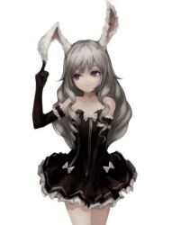 Rule 34 | 1girl, animal ears, bare shoulders, black dress, black gloves, rabbit ears, collarbone, covering privates, covering crotch, cowboy shot, dress, elbow gloves, elin, gloves, grey hair, gyup91, index finger raised, long hair, looking away, looking up, purple eyes, simple background, solo, tera online, white background