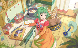 Rule 34 | 1girl, :o, absurdres, ahoge, baguette, basket, bread, brown eyes, creature, cropped jacket, cupboard, curtains, cutting board, dress, farah oersted, fish, fish (food), flower pot, food, frying pan, green hair, highres, indoors, jar, kitchen, kitchen knife, leaf, lllclownlll, looking away, open mouth, orange dress, plate, quickie (tales), salt shaker, short hair, spatula, tales of (series), tales of eternia, tomato, wooden floor, yellow eyes