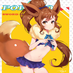 Rule 34 | 1girl, bikini, bikini skirt, blue bikini, blue bow, blush, bow, brown eyes, brown hair, closed mouth, commentary request, copyright name, creatures (company), eevee, eevee ears, eevee tail, fingers together, fur collar, game freak, gen 1 pokemon, groin, hair bow, heart, heart background, high ponytail, highres, index fingers together, jiujiuyatou (yayanzz), leaning forward, long hair, navel, nintendo, personification, pokemon, pokemon ears, pokemon swsh, pokemon tail, ponytail, signature, solo, swimsuit, tail, two-tone background, very long hair, white background, yellow background