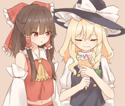 Rule 34 | 2girls, :o, ascot, blonde hair, blouse, blush, bow, braid, breasts, brown hair, check commentary, commentary, commentary request, crepe, detached sleeves, eating, food, food on face, frilled shirt collar, frills, hair bow, hair ribbon, hair tubes, hakurei reimu, half updo, happy, hat, hat bow, hat ribbon, kirisame marisa, large bow, long hair, long sleeves, marisuku, multiple girls, navel, puffy short sleeves, puffy sleeves, red eyes, ribbon, ribbon-trimmed sleeves, ribbon trim, shirt, short sleeves, side braid, single braid, skirt, skirt set, small breasts, smile, touhou, vest, wide sleeves, witch hat
