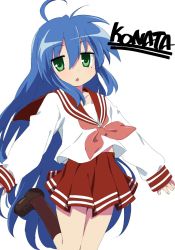 Rule 34 | 1girl, ahoge, blue hair, brown footwear, brown socks, character name, commentary request, green eyes, haaam, hair between eyes, highres, izumi konata, jumping, kneehighs, loafers, long hair, long sleeves, lucky star, mole, mole under eye, neckerchief, pink neckerchief, red sailor collar, red skirt, ryouou school uniform, sailor collar, school uniform, serafuku, shoes, simple background, skirt, socks, solo, white background