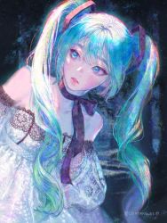 Rule 34 | 1girl, aqua eyes, aqua hair, bare shoulders, blue eyes, choker, collarbone, conyang 316, detached sleeves, dress, flat chest, hair over shoulder, hatsune miku, highres, lace, lace-trimmed dress, lace trim, long hair, looking away, parted lips, sideways glance, solo, twintails, twitter username, upper body, vocaloid, white dress