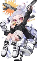 Rule 34 | 1girl, arrow (symbol), commentary request, fang, full body, gun, highres, holding, holding gun, holding weapon, ink tank (splatoon), myon rio, n-zap (splatoon), nintendo, octoling, octoling girl, octoling player character, open mouth, shoes, short hair, solo, splatoon (series), splatoon 3, star (symbol), sticker, suction bomb (splatoon), tacticooler (splatoon), teeth, tentacle hair, weapon, white background, white footwear, white hair