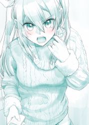 Rule 34 | 1girl, aqua theme, blush, collar tug, commentary, controller, ear visible through hair, ears visible through hair, frown, hair between eyes, highres, jewelry, kantai collection, long hair, long sleeves, looking at viewer, monochrome, multiple monochrome, open mouth, remote control, ring, solo, sweater, teeth, tone (kancolle), turtleneck, turtleneck sweater, twintails, upper body, wedding band, yami (m31)