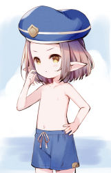 Rule 34 | 1boy, :&lt;, alistair (granblue fantasy), androgynous, beret, blue hat, blue male swimwear, blue swim trunks, blush, brown eyes, brown hair, character request, closed mouth, collarbone, commentary request, cowboy shot, crossdressing, drawstring, forehead, granblue fantasy, hand on own hip, hand up, hat, looking at viewer, male focus, male swimwear, male swimwear challenge, meito (maze), navel, nipples, pointy ears, solo, standing, swim trunks, swimsuit, topless male, v-shaped eyebrows