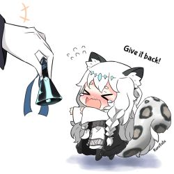 Rule 34 | &gt; &lt;, +++, 1girl, 1other, animal ear fluff, animal ears, arknights, artist name, bell, black jacket, blush, braid, closed eyes, commentary, doctor (arknights), dress, english commentary, english text, flying sweatdrops, gloves, holding, holding bell, jacket, kurotofu, leopard ears, leopard girl, leopard tail, long hair, long sleeves, nose blush, open clothes, open jacket, open mouth, out of frame, pramanix (arknights), short eyebrows, solo focus, tail, tears, thick eyebrows, very long hair, wavy mouth, white background, white dress, white gloves, white hair
