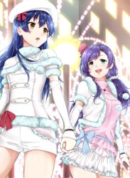 Rule 34 | 2girls, bad id, bad pixiv id, blue hair, blush, commentary request, cowboy shot, detached sleeves, fur trim, hair between eyes, hat, highres, holding hands, interlocked fingers, long hair, love live!, love live! school idol project, multiple girls, open mouth, purple hair, shorts, smile, snow halation, sonoda umi, sorairo den&#039;nou, tojo nozomi, twintails, yellow eyes