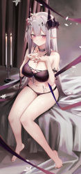 Rule 34 | 1girl, absurdres, arknights, arm strap, barefoot, bed, bikini, black bikini, black choker, breasts, candle, candlestand, choker, cleavage, closed mouth, covered erect nipples, expressionless, flower, hair flower, hair ornament, hands up, highres, horns, interlocked fingers, large breasts, long hair, looking at viewer, material growth, mudrock (arknights), nail polish, navel, on bed, oripathy lesion (arknights), own hands together, pointy ears, red eyes, ru zhai, sitting, solo, stomach, swimsuit, thighs, very long hair, white hair
