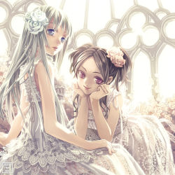 Rule 34 | 2girls, bare shoulders, blonde hair, blue eyes, brown hair, head rest, colored eyelashes, dress, flower, hair flower, hair ornament, hands on own cheeks, hands on own face, highres, lace, long hair, minami seira, multiple girls, original, parted lips, purple eyes, revision, rose, smile, twintails, white dress, white theme, window