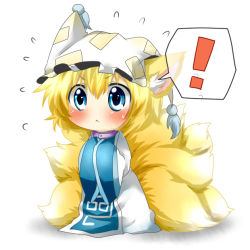 Rule 34 | !, 1girl, :&lt;, animal ears, bad id, bad pixiv id, blonde hair, blue eyes, blush, chibi, female focus, fox ears, fox tail, hands in opposite sleeves, hat, kitsune, kyuubi, multiple tails, own hands together, rebecca (keinelove), short hair, simple background, solo, sweatdrop, tabard, tail, touhou, white background, yakumo ran