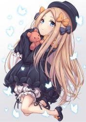 Rule 34 | 1girl, abigail williams (fate), arata (xin), black bow, black dress, black footwear, black headwear, blonde hair, bloomers, blue eyes, blush, bow, bug, butterfly, closed mouth, dress, fate/grand order, fate (series), forehead, hair bow, highres, insect, long hair, looking at viewer, multiple bows, hugging object, orange bow, parted bangs, polka dot, polka dot bow, sleeves past fingers, sleeves past wrists, smile, solo, stuffed animal, stuffed toy, teddy bear, underwear, white bloomers