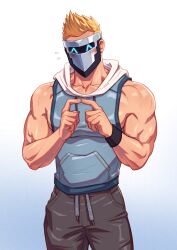 Rule 34 | 1boy, ^ ^, absurdres, bara, blonde hair, blush, closed eyes, facing viewer, fidgeting, highres, hood, hoodie, index fingers together, indie virtual youtuber, large pectorals, male focus, mask, masked himbo (silvyspark), mondoart, muscular, muscular male, nervous, pants, pectorals, second-party source, short hair, sidepec, sleeveless, sleeveless hoodie, solo, textless version, thighs, virtual youtuber