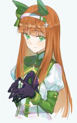 Rule 34 | 1girl, absurdres, animal ears, closed mouth, cropped torso, ear covers, gloves, green eyes, grey background, hairband, high collar, highres, horse ears, jacket, juliet sleeves, long hair, long sleeves, orange hair, own hands together, puffy sleeves, purple gloves, silence suzuka (umamusume), simple background, smile, solo, steepled fingers, umamusume, upper body, white jacket, yuteru