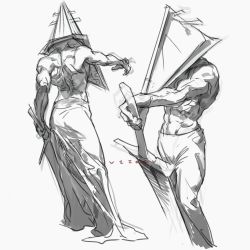 Rule 34 | 1boy, artist name, full body, greatsword, greyscale, groin, hand up, highres, holding, holding sword, holding weapon, male focus, monochrome, moowm, object head, pyramid head, silent hill (series), simple background, sketch, skirt, solo, standing, sword, toned, toned male, topless male, weapon, white background