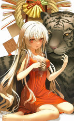 Rule 34 | 1girl, animal, barefoot, breasts, cleavage, collarbone, cup, curly hair, dress, full body, hair between eyes, hair over eyes, highres, holding, holding animal, holding cup, liso, long hair, looking at viewer, medium breasts, open mouth, orange dress, original, red eyes, shaded face, shimekazari, sitting, size difference, sleeveless, sleeveless dress, solo, tiger, tiger stripes, wariza, white hair, white tiger, yellow eyes