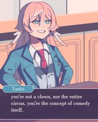 Rule 34 | 1girl, absurdres, ace attorney, blue eyes, blush, bobamiruku, bright pupils, english text, genshin impact, grin, hands on own hips, highres, indoors, long hair, long sleeves, looking away, meme, necktie, parody, parted lips, pink hair, red necktie, smile, solo, teeth, white pupils, yanfei (genshin impact)