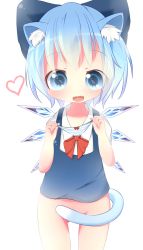 Rule 34 | 1girl, akisha, animal ears, bad id, bad pixiv id, blue eyes, blue hair, bottomless, bow, cat ears, cat tail, censored, cirno, convenient censoring, covering crotch, covering privates, fangs, hair bow, heart, ice, ice wings, matching hair/eyes, open mouth, panties, shirt, short hair, short sleeves, simple background, smile, solo, striped clothes, striped panties, tail, touhou, underwear, unworn panties, vest, white background, wings