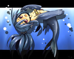 Rule 34 | 1girl, :d, arched back, beads, bikini, bikini top only, bite mark, blue hair, blush, breasts, bubble, cleavage, commentary request, fins, fish, head fins, holding, kotoba noriaki, letterboxed, long hair, looking at viewer, mermaid, monster girl, open mouth, original, pixiv card battler, ponytail, red eyes, seashell, shadow, sharp teeth, shell, shell bikini, sidelocks, slit pupils, small breasts, smile, solo, swimsuit, teeth, underwater, water