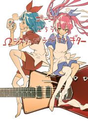 Rule 34 | 2girls, apron, blue hair, closed mouth, cup, electric guitar, floating hair, green eyes, guitar, hair ribbon, hand on own chin, highres, holding, holding cup, hot drink, instrument, long hair, looking ahead, looking at object, looking to the side, loose thighhigh, medium hair, mug, multiple girls, no shoes, omega rei, omega rio, omega sisters, oversized object, pink hair, profile, puffy short sleeves, puffy sleeves, purple ribbon, purple shirt, purple shorts, red shirt, red shorts, ribbon, riding, shirt, short sleeves, shorts, siblings, sisters, sitting, sitting on object, smile, steam, tamo (gaikogaigaiko), twintails, virtual youtuber, white apron, white background
