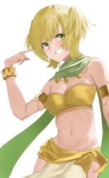Rule 34 | 1girl, :d, ahataro, arabian clothes, arm at side, armlet, armpit crease, bandeau, bangle, bare shoulders, blonde hair, bracelet, breasts, cleavage, commentary request, cowboy shot, daiba nana, green eyes, green scarf, grin, groin, hair between eyes, hand up, harem outfit, highres, index finger raised, jewelry, looking at viewer, medium breasts, midriff, navel, official alternate costume, open mouth, pelvic curtain, scarf, short hair, short twintails, shoujo kageki revue starlight, simple background, smile, solo, standing, stomach, strapless, tube top, twintails, white background, yellow bandeau