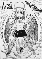 Rule 34 | + +, 2girls, absurdres, aldegon (rariatto), angel wings, blush, clenched hands, closed mouth, collared shirt, colored skin, dot nose, dress shirt, feathered wings, greyscale, hairband, halo, hand on own hip, highres, inktober, legs apart, looking at viewer, miniskirt, monochrome, multiple girls, original, pantyhose, pencil skirt, rariatto (ganguri), shamsiel (rariatto), shirt, short hair, skirt, smile, solo focus, sunglasses, thumbs down, twitter username, watch, wing collar, wings, wristwatch