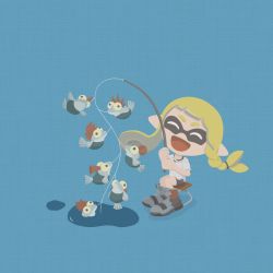 Rule 34 | 1girl, :d, ^ ^, asymmetrical hair, bike shorts, black footwear, black shorts, blonde hair, blue background, boots, braid, closed eyes, fishing rod, full body, grey footwear, highres, holding, holding fishing rod, inkling, inkling girl, inkling player character, knee boots, multicolored footwear, nintendo, no lineart, no nose, open mouth, pointy ears, red footwear, shirt, short sleeves, shorts, sitting, smallfry (splatoon), smile, splatoon (series), splatoon 3, sprikasan, suction cups, t-shirt, tentacle hair, torn clothes, torn shirt, white shirt