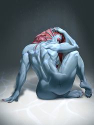 Rule 34 | 1girl, absurdres, ass, back, back focus, blue skin, breasts, colored sclera, colored skin, fins, furry, hand on own head, head fins, highres, holding head, long hair, looking at viewer, minh pham, muscular, muscular female, nail polish, on floor, red hair, scar, sideboob, solo, undertale, undyne