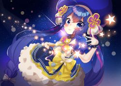 Rule 34 | 1girl, absurdres, asteroid stella, black background, blue eyes, blue hair, blue headwear, blue skirt, blush, bow, butterfly ornament, commentary, frilled skirt, frills, glowing, highres, holding, holding wand, huge filesize, large hat, long hair, looking at viewer, magical girl, otomachi una, shirt, skirt, sleeveless, sleeveless shirt, smile, solo, star (symbol), treble clef, twintails, very long hair, vocaloid, wand, white shirt, wristband, yellow bow