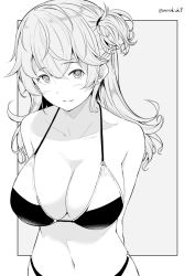 Rule 34 | 1girl, arms behind back, bikini, blush, breasts, cleavage, collarbone, earrings, greyscale, halterneck, jewelry, kichihachi, large breasts, long hair, looking at viewer, monochrome, navel, one side up, original, outside border, parted lips, simple background, solo, stomach, swimsuit, twitter username, wavy hair
