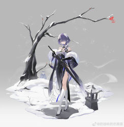 Rule 34 | 1girl, arknights, bare shoulders, bare tree, black dress, black footwear, black gloves, chinese commentary, closed mouth, closed umbrella, collar, commentary request, dress, elbow gloves, full body, gloves, hair ornament, hair over one eye, high heels, highres, holding, holding umbrella, kneehighs, light smile, long hair, looking at viewer, naiyouwei, official alternate costume, one eye covered, path, ponytail, purple eyes, purple hair, road, snow, snowing, socks, solo, standing, stone lantern, tree, two-tone dress, umbrella, weibo logo, weibo watermark, whisperain (arknights), whisperain (tremble cold) (arknights), white collar, white dress, white socks, x hair ornament