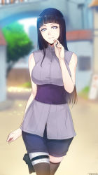 Rule 34 | 1girl, bandaged leg, bandages, bare shoulders, black hair, blouse, blue shorts, blunt bangs, breasts, corset, hand on own chin, highres, holster, hyuuga hinata, large breasts, long hair, looking to the side, naruto: the last, naruto (series), shirt, shorts, smile, solo, swordwaltz, thigh holster, thighhighs, walking, white eyes