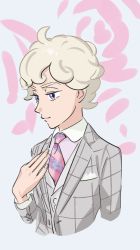 Rule 34 | 1boy, ahoge, alternate costume, bede (pokemon), blonde hair, buttons, closed mouth, collared shirt, commentary request, creatures (company), curly hair, game freak, grey jacket, hand up, jacket, long sleeves, male focus, necktie, nintendo, pokemon, pokemon swsh, purple eyes, shirt, short hair, smile, solo, tsuruba (tsu41014812), upper body, vest